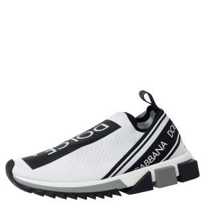 Pre Owned Dolce & Gabbana White/Black Stretch Fabric Logo Sorrento Slip On Sneakers Size 40