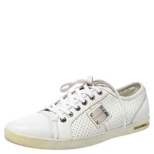 Dolce & Gabbana White Perforated Leather Logo Plaque Low Top Sneakers Size 44