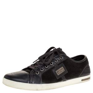 Pre Owned Dolce & Gabbana Grey Leather And Green Suede Logo Plaque Low Top Sneakers Size 42