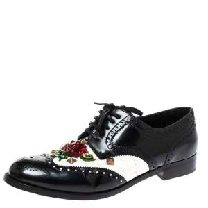 Dolce & Gabbana Black Brogue Leather Crystal Embellished Wool and Leather Oxfords Size 41