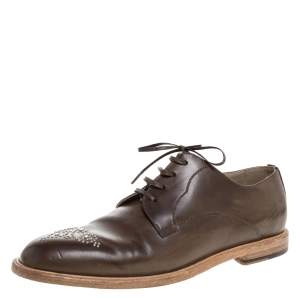 Pre Owned Dolce & Gabbana Olive Green Leather Studded Lace Up Derby Size 44