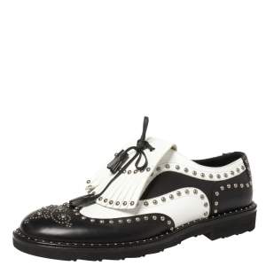  Dolce & Gabbana Black/White Studded Leather Brogue Detail Fringe Oxfords Size 43