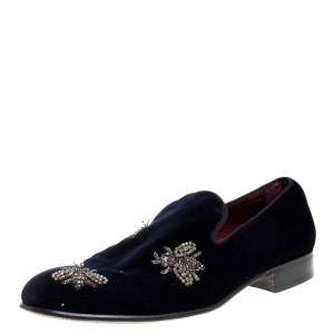 مملوكة مسبقًا Dolce and Gabbana Navy Blue Velvet Bee Embellished Smoking Slippers Size 43