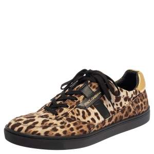 Pre Owned Dolce and Gabbana Brown Leopard Print Canvas Sneakers Size 45