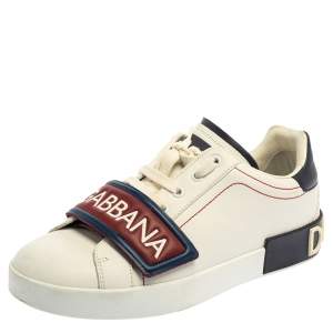 Pre Owned Dolce & Gabbana White/Brown Leather Logo Velcro Strap Sneakers Size 40