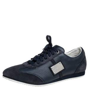 Pre Owned Dolce & Gabbana Black/Blue Suede And Leather Logo Plaque Sneakers Size 41