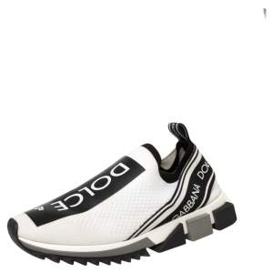 Pre Owned Dolce & Gabbana White/Black Stretch Fabric Logo Sorrento Slip On Sneakers Size 42.5