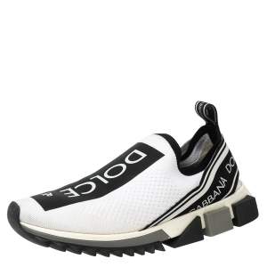 مملوكة مسبقًا Dolce & Gabbana White/Black Stretch Fabric Logo Sorrento Slip On Sneakers Size 42