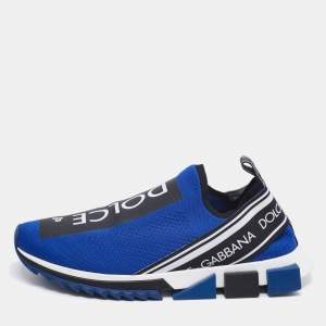 مملوكة مسبقًا Dolce & Gabbana Blue Knit Fabric Sorrento Logo Print Slip On Sneakers Size 46
