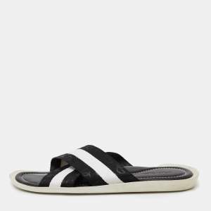 Dolce & Gabbana Black/White Canvas Cross Strap Flat Slides Size 41