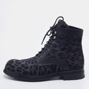 Dolce & Gabbana Grey/Black Leopard Print Calf Hair And Leather Combat Boots Size 42.5