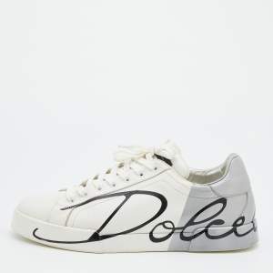Pre Owned Dolce & Gabbana White/Silver Logo Printed Leather Low Top Sneakers Size 43