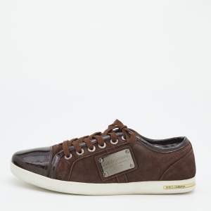 مملوكة مسبقًا Dolce & Gabbana Dark Brown Suede And Patent Leather Logo Plague Low Top Sneakers Size 42
