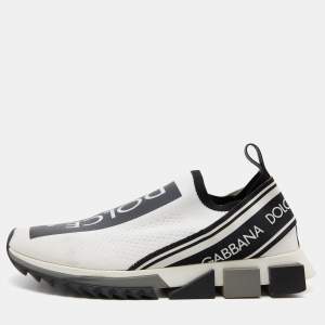 Pre Owned Dolce & Gabbana White/Black Logo Print Knit Fabric Sorrento Sneakers Size 43.5