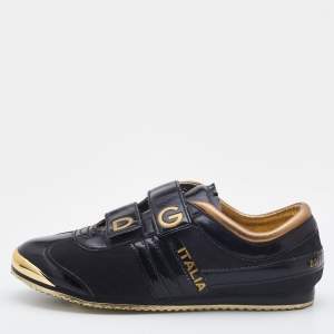 Dolce & Gabbana Black/Gold Patent Leather and Fabric DG Low Top Sneakers Size 40  