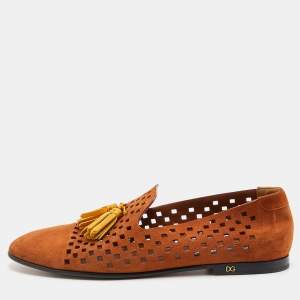 Pre Owned Dolce & Gabbana Brown/Yellow Perforeted Suede and Leather Tassel Smoking Slippers Size 43