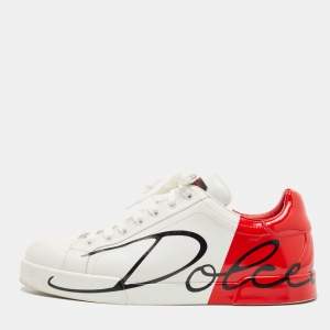 Dolce & Gabbana White/Red Leather and Patent Logo Print Portofino Sneakers Size 44
