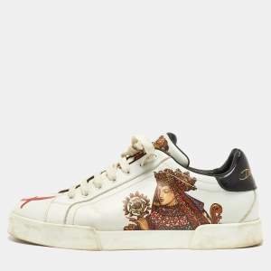 Dolce & Gabbana White Leather King And Queen Print Portofino Sneakers Size 42