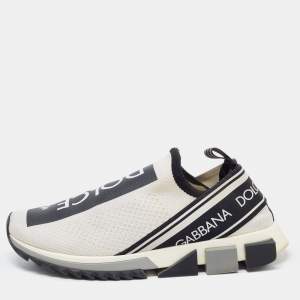 Dolce & Gabbana White/Black Fabric Sorrento Logo Print Slip On Sneakers Size 42