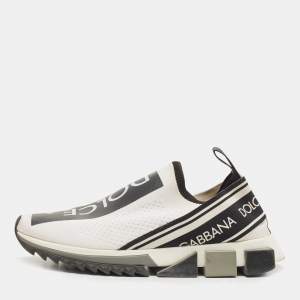 Pre Owned Dolce & Gabbana White/Black Logo Print Knit Fabric Sorrento Sneakers Size 41.5 