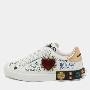 Dolce & Gabbana White Leather Portofino Graffiti Heart Applique Low Top Sneakers Size 43.5