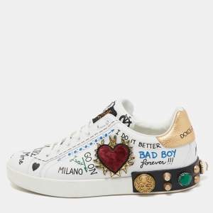 Dolce & Gabbana White Leather Portofino Graffiti Heart Applique Low Top Sneakers Size 41