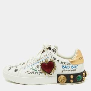 Pre Owned Dolce & Gabbana White Leather Pearl and Stud Embellished  Lace Up Sneakers Size 42.5