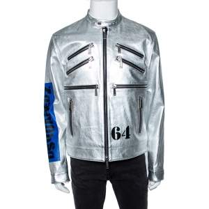 Dsquared2 Silver Printed Leather Zip Front Jacket XL
