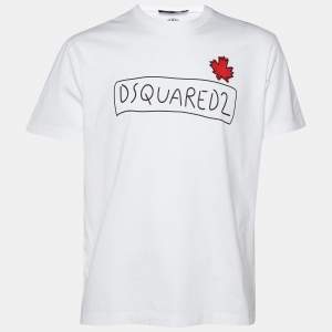 Dsquared2 White Maple Leaf Logo Print Cotton Supercrew Fit T-Shirt L