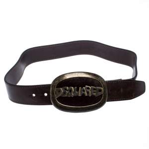 Dsquared2 Brown Leather Oval Logo with Fur Plaque Buckle Belt Small