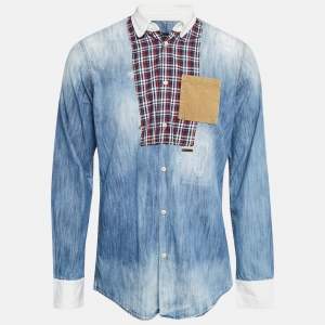 Dsquared2 Blue Corduroy Pocket Denim Patch Detail Shirt L