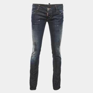 Dsquared2 Blue Dark Wash Denim Paint Splatter Distressed Slim Bottom Jeans S Waist 32 "
