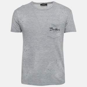 مملوكة مسبقًا Dsquared2 Grey Printed Cotton Blend Distressed T-Shirt S 