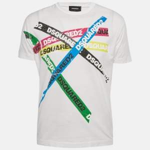Pre Owned Dsquared2 White Logo Tape Print Jersey T-Shirt L