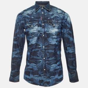 Pre Owned Dsquared2 Blue Military Printed Denim Button Front Shirt M