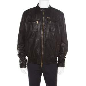 Dsquared2 Black Goat Leather Zip Front Biker Jacket 3XL