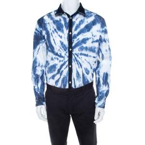 Dsquared2 Indigo Cotton Tie Dye Effect Denim Trim Relaxed Dan Shirt L