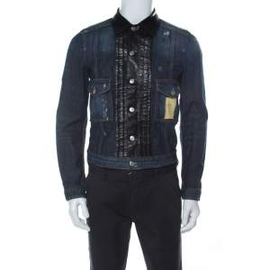 Dsquared2 Blue Denim Distressed Detail Leather Trim Jacket M