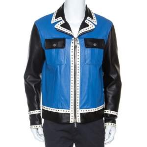 Dsquared2 Blue Leather Contrast Detail Studded Zip Front Jacket L