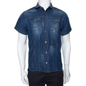 Dsquared2 Blue Denim Distressed Patch Detail Short Sleeve Shirt XS