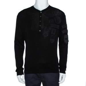 Dsquared2 Black Wool Knit Badge Detailed Henley T-Shirt M