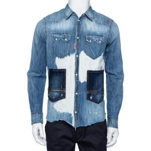 Dsquared2 Blue Denim Button Front Paneled Distressed Shirt S