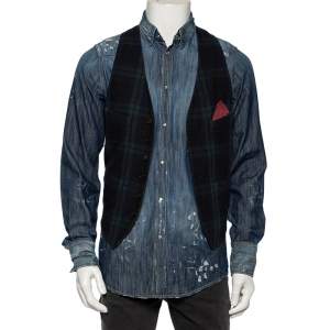 Dsquared2 Blue Dirty Denim Checkered Wool Vest Detail Shirt M 