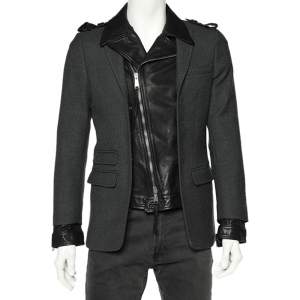 Dsquared2 Grey Wool & Black Leather Trim Biker Jacket S