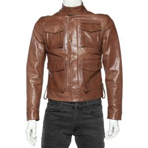 Dsquared2 Brown Leather Stand Collar Jacket S