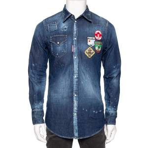 Dsquared2 Blue Distressed Denim Patch Appliqued Button Front Shirt M