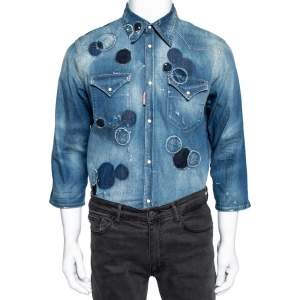 Dsquared2 Blue Distressed Denim Patchwork Detailed Button Front Shirt XXL
