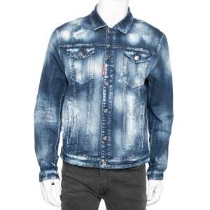Dsquared2 Navy Blue Distressed Denim Paint Spotted Dan Jacket XXL