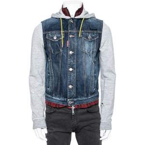 Dsquared2 Distressed Denim & Knit Contrast Lined Hooded Jacket L
