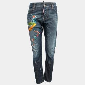 Dsquared2 Navy Blue Birds Embroidered Denim Distressed Sexy Twist Jeans M Waist 35"